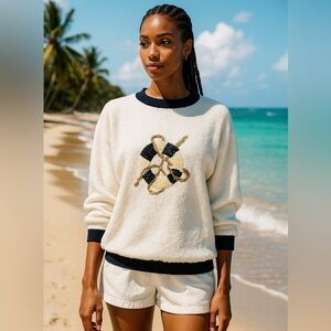 RARE 90s Escada Sequin Sailor Life Preserver Terrycloth Sweatshirt size 34 or M